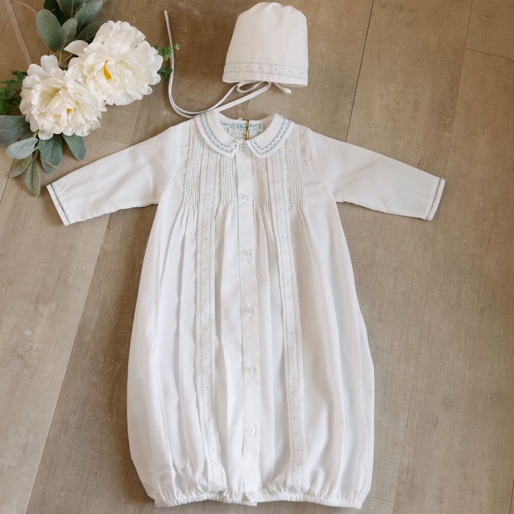 Newborn Boy's Pintuck Yoke Take Me Home Gown With Bonnet Feltman Brothers NWT